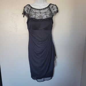 DJ-JAZ Women's 6 Black Beaded Ruched Cocktail Dress Short Sleeve Structured